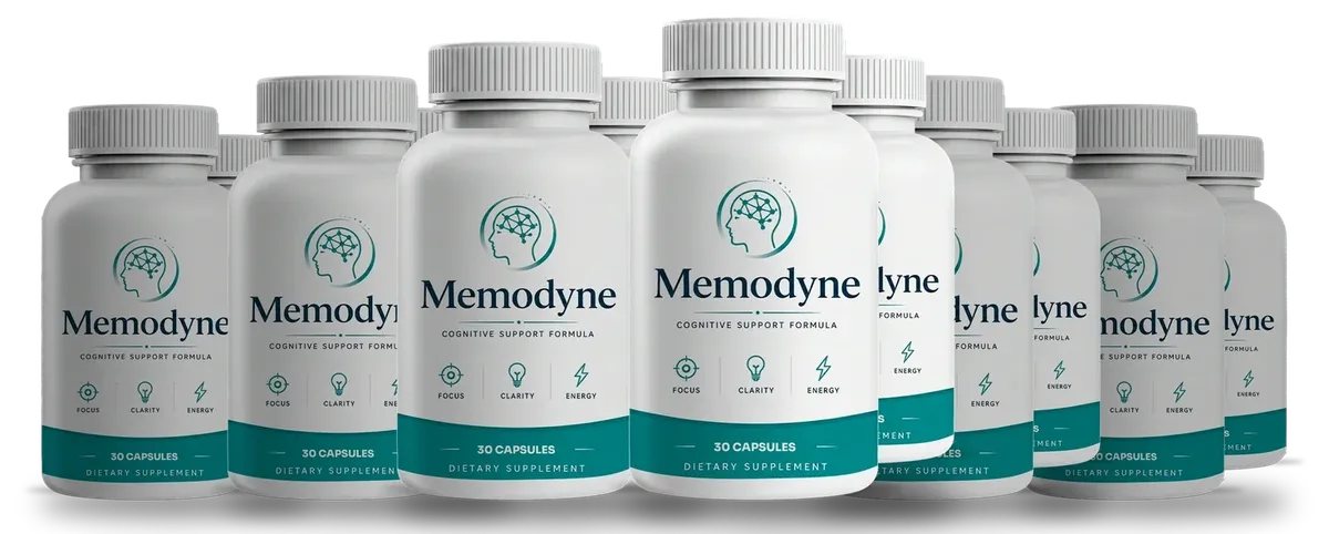 Six Memodyne bottles in a row