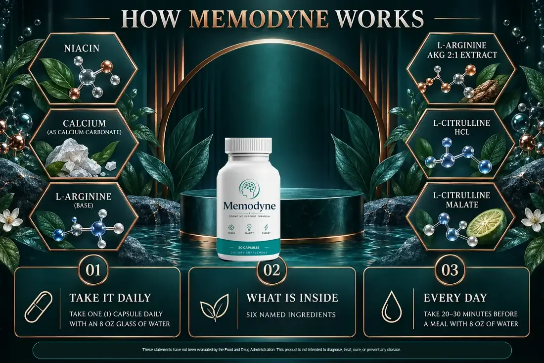 How Memodyne works brand graphic: take it daily, what is inside, every day