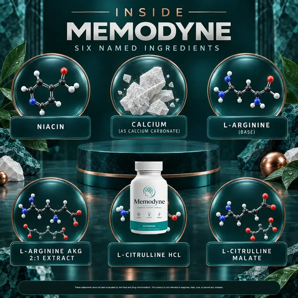 Inside Memodyne brand graphic showing niacin, calcium, L-arginine, L-arginine AKG, L-citrulline HCl and L-citrulline malate