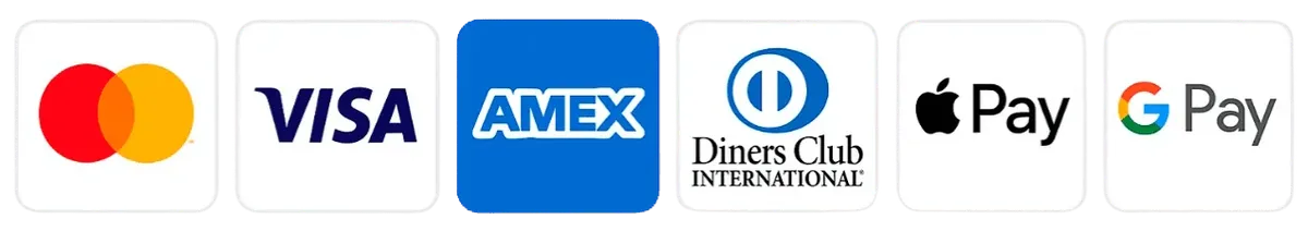 Payment marks shown: Mastercard, Visa, American Express, Diners Club, Apple Pay, Google Pay