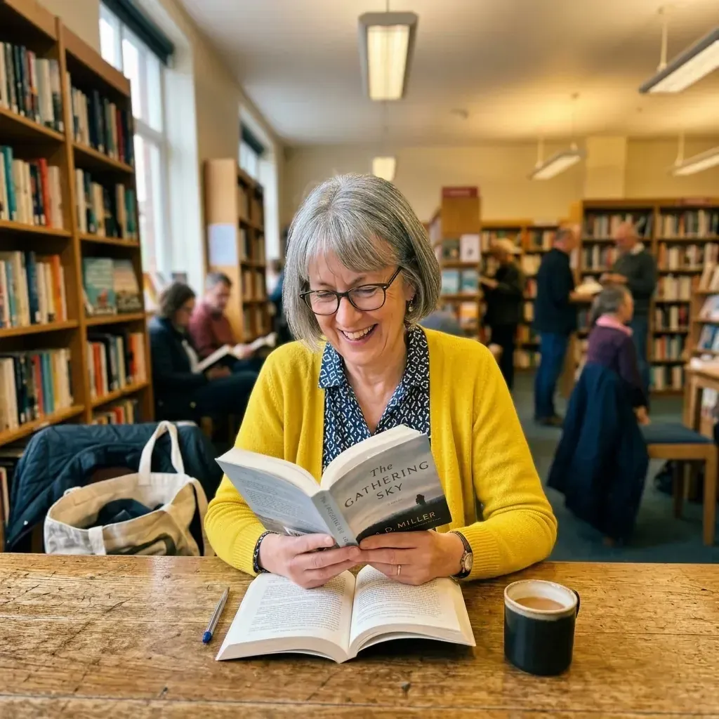 An older woman reading a book in a library