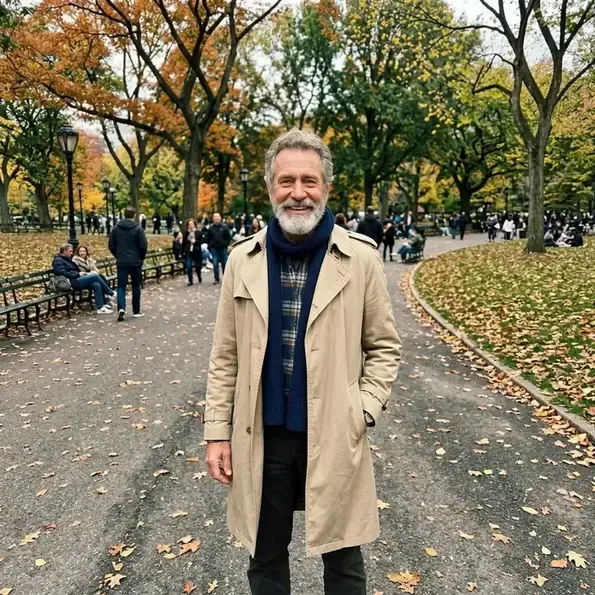An older man in a coat walking in an autumn park