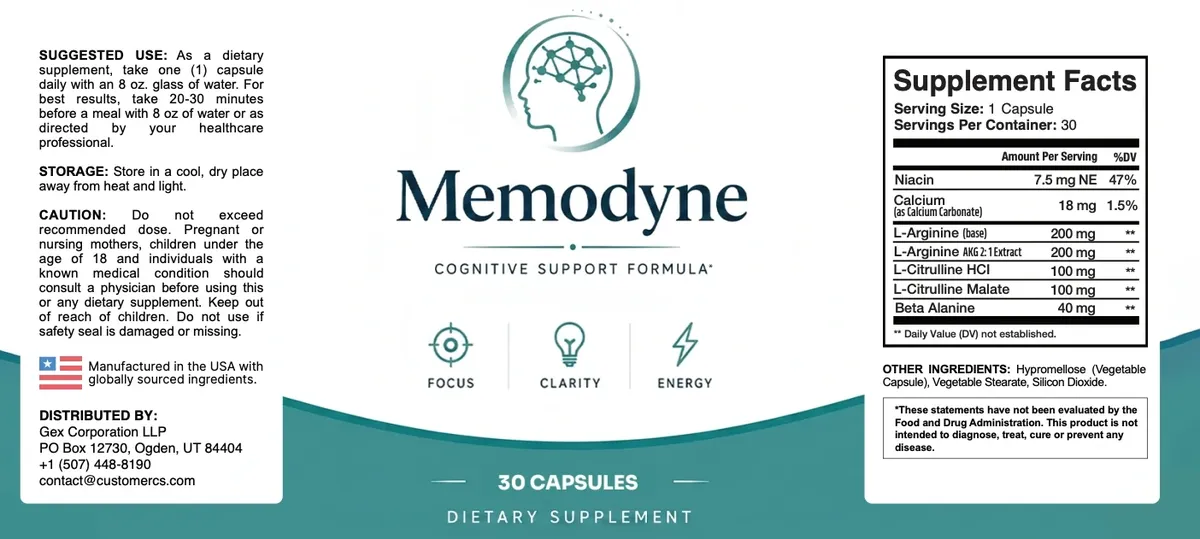 The full Memodyne label: suggested use, caution, distributor, front panel and Supplement Facts